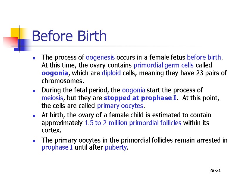 28-21 Before Birth  The process of oogenesis occurs in a female fetus before